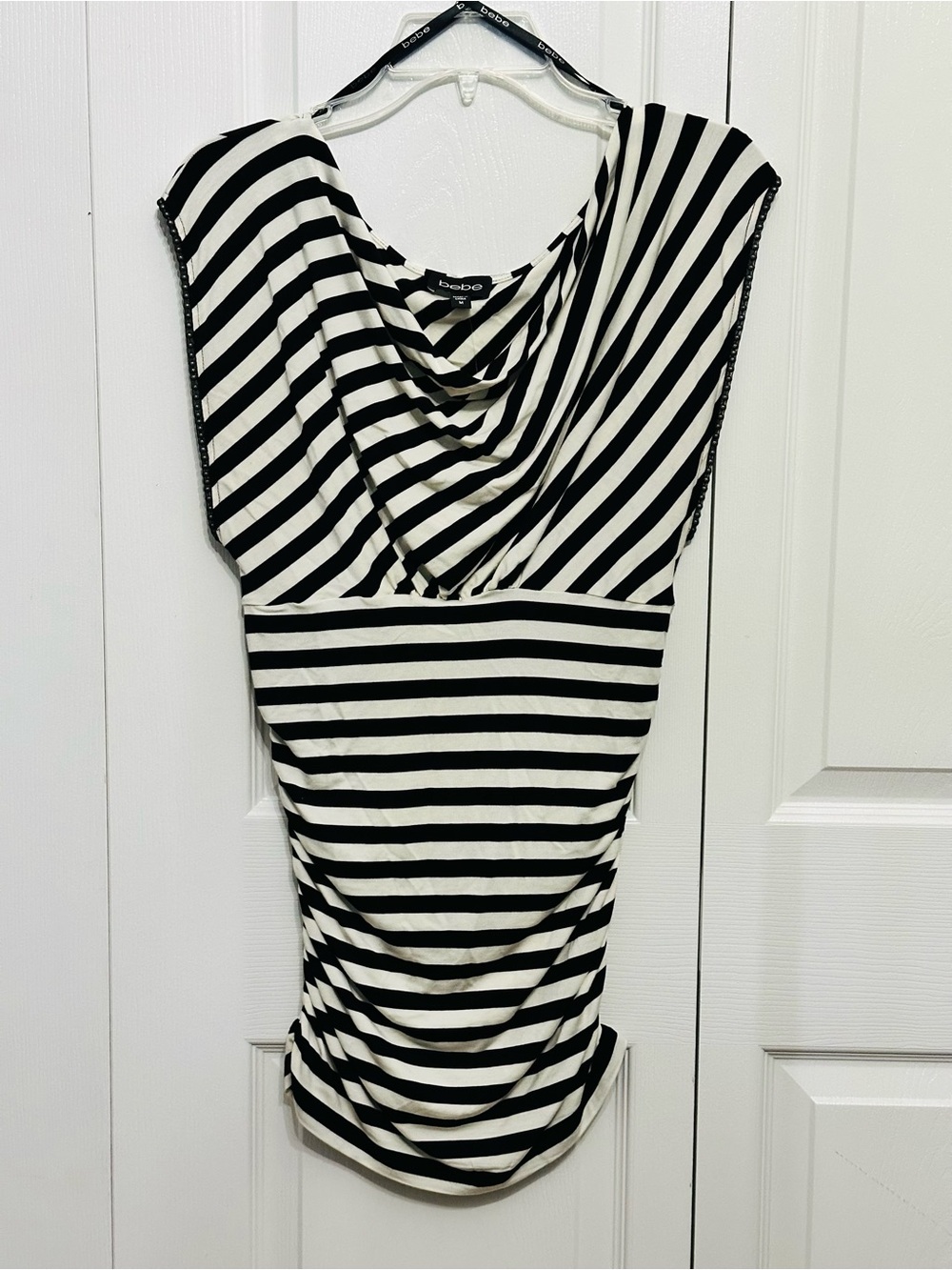 Bebe Adrianna Black White Striped Beaded Cowl Neck Dress Size M NWT